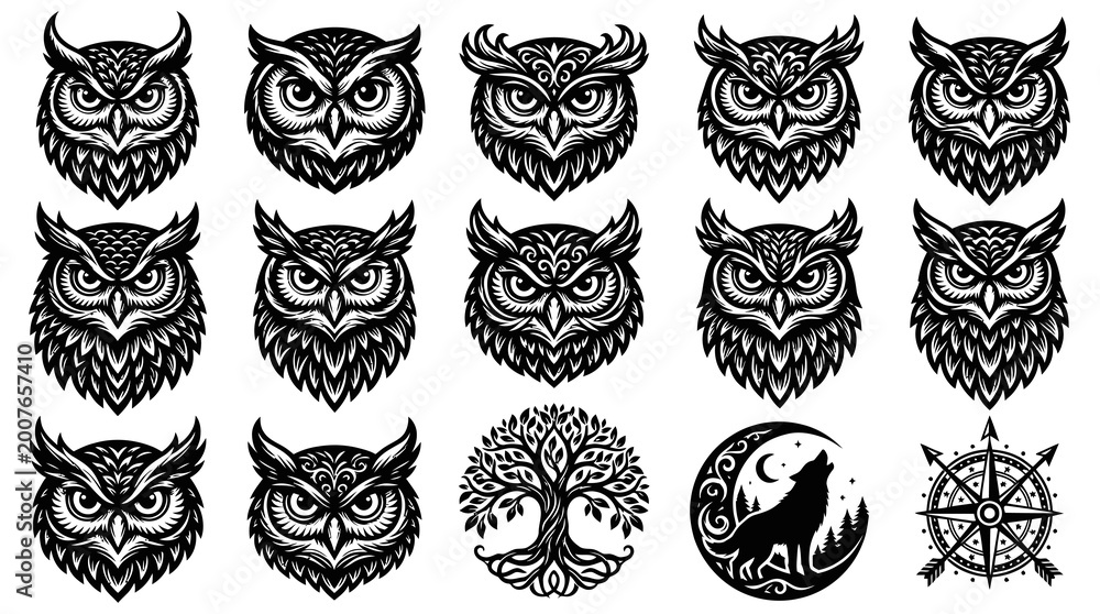 Fototapeta premium Black and White Line Art Collection of Owl Heads and Nature Symbols