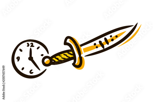 Clock and sword illustration with dynamic motion lines  