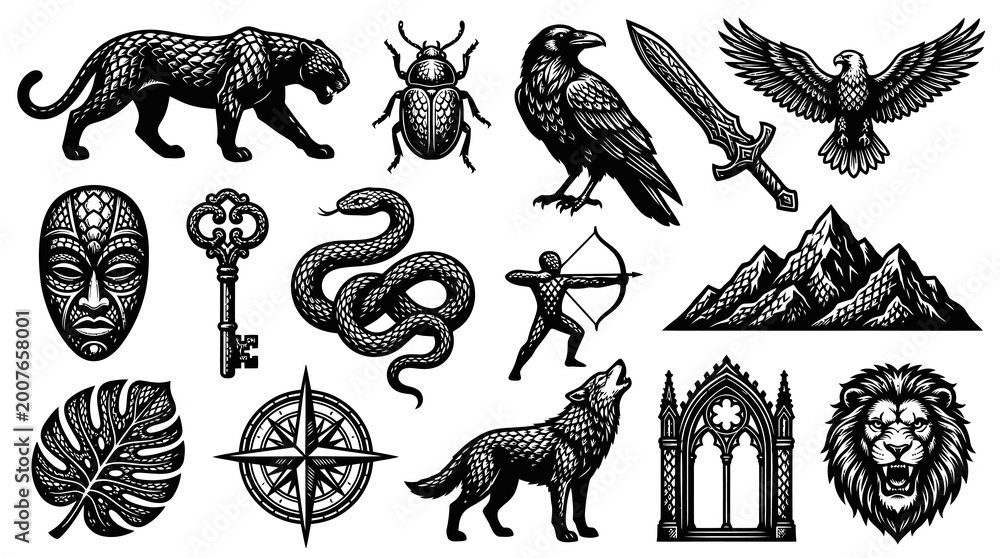 Fototapeta premium Black White Vintage Engraving Illustrations Set: Diverse Nature, Animal, Fantasy, and Symbolic Elements