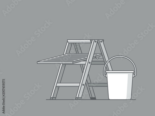 Minimalist Vector Illustration of a Stepladder and Utility Bucket for Painting Home Improvement and Construction Projects