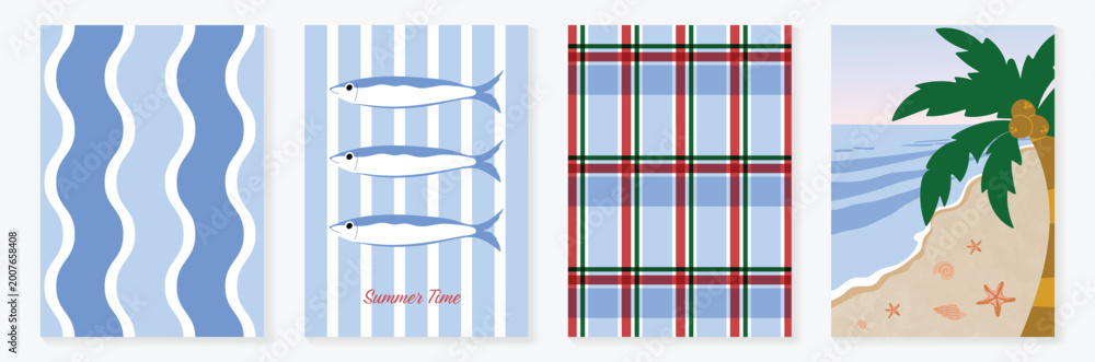 Fototapeta premium Minimal marine summer poster and pattern set vector. Hand drawn blue wave, beach chair, plaid textile and tropical island background design for video template, banner, coastal ads.