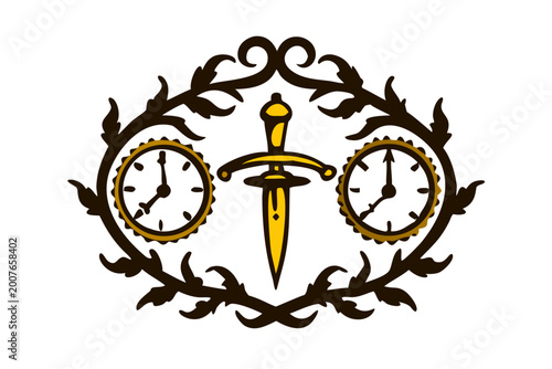 Ornate emblem with sword and two clocks in vintage style  