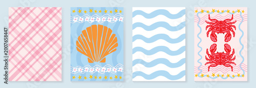 Obraz na płótnie Pastel marine poster and pattern set vector