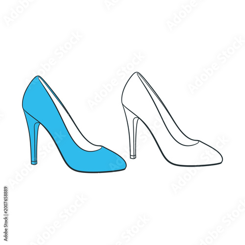 Blue and Outline High Heel Shoes Vector Illustration
