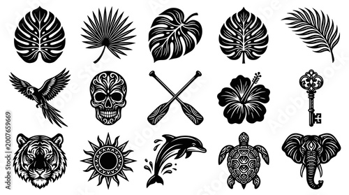 Tropical Hawaiian Tattoo Style Vector Icons: Palm Leaves, Parrot, Skull, Hibiscus Flower