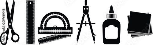 School supplies collection with scissors ruler protractor compass and glue vector silhouette.