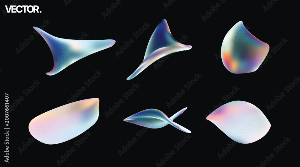 Fototapeta premium Holographic Iridescent Liquid Shapes 3D Vector Abstract Set on Black Background