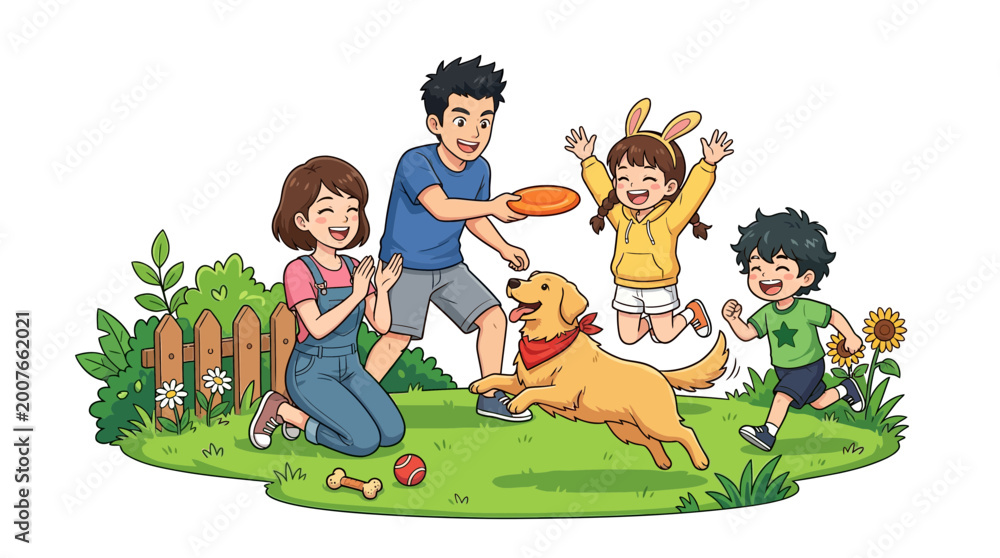 Naklejka premium Children and dog playing with frisbee in the garden outdoors