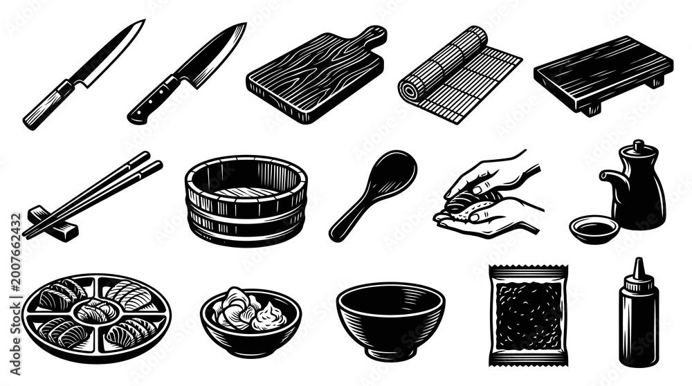 Fototapeta premium Food Industry: Japanese Sushi Making Tools, Kitchenware, and Ingredients Vector Icons in Black White Line Art