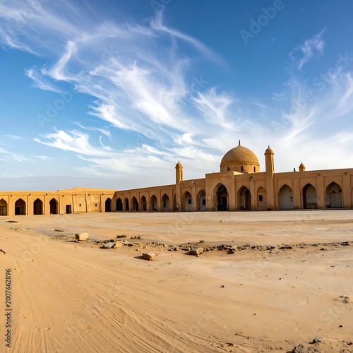 A desert landscape with a large, sandy-colored building