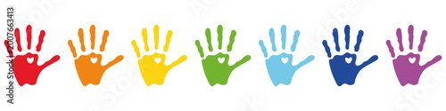 Obraz na plátně Colorful handprint icons set with heart symbol rainbow palette children paint ma