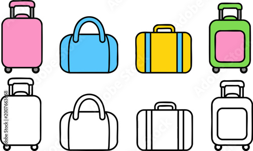 Colorful and black-and-white illustrations of different types of luggage and bags, including suitcases and handbags, in two rows.