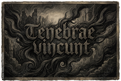  gothic phrase, spreading darkness, textured engraving, Dark artistic illustration with the phrase 