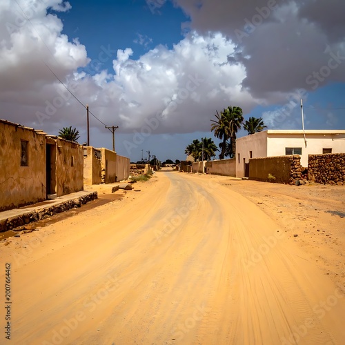 A deserted dirt road with buildings on either side under a cloudy sky