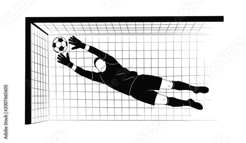 Photos silhouette of a soccer goalkeeper diving to catch the ball in front of a goal ne