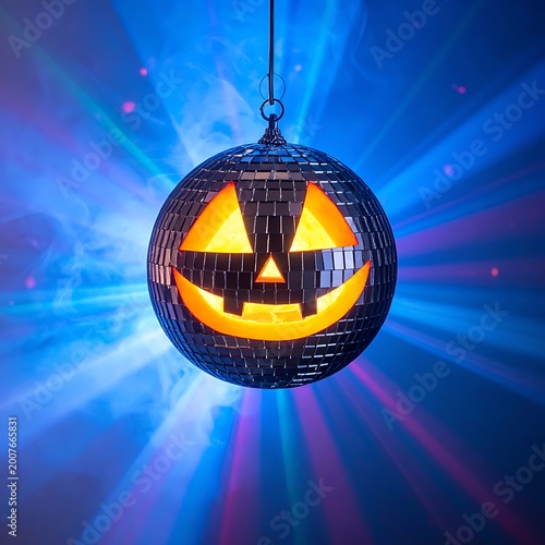 A disco ball with a jack-o-lantern face shines brightly