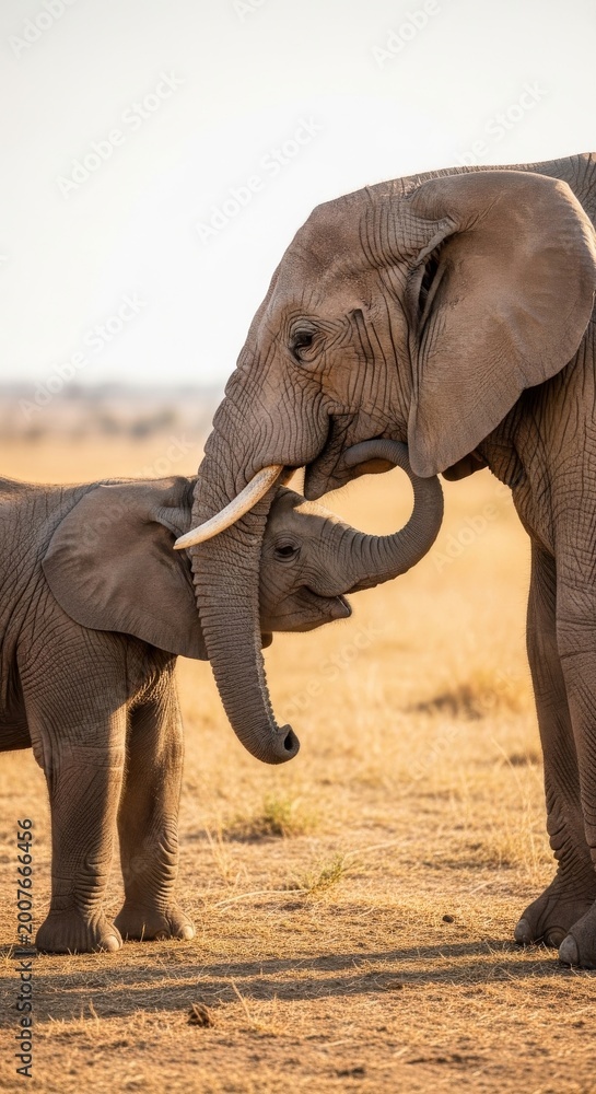Fototapeta premium Gentle elephant calf nuzzling its mother in savanna