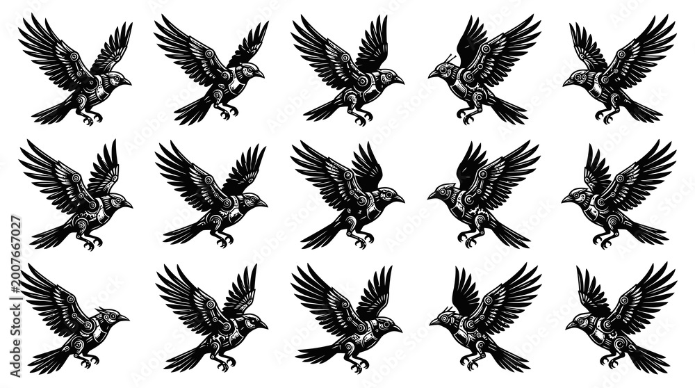 Obraz premium Gothic Black and White Flying Raven Vector Set with Engraving Style for Tattoo, Mythology and Wildlife Art