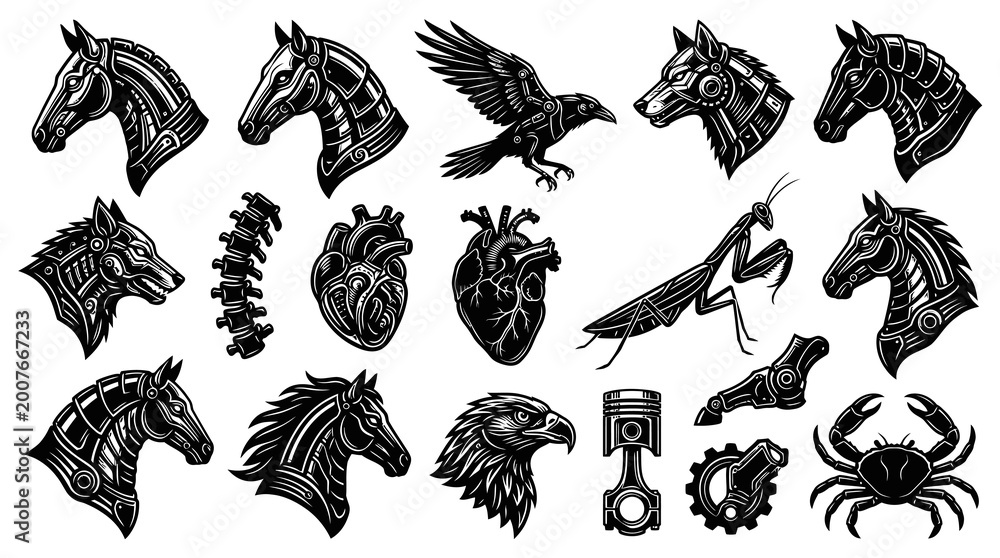 Fototapeta premium Biomechanical Cyberpunk Animals and Technology Parts Engraved Monochrome Vector Illustrations Set