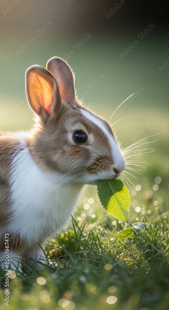 Fototapeta premium Gentle Rabbit Nibbling on a Green Leaf Outdoors