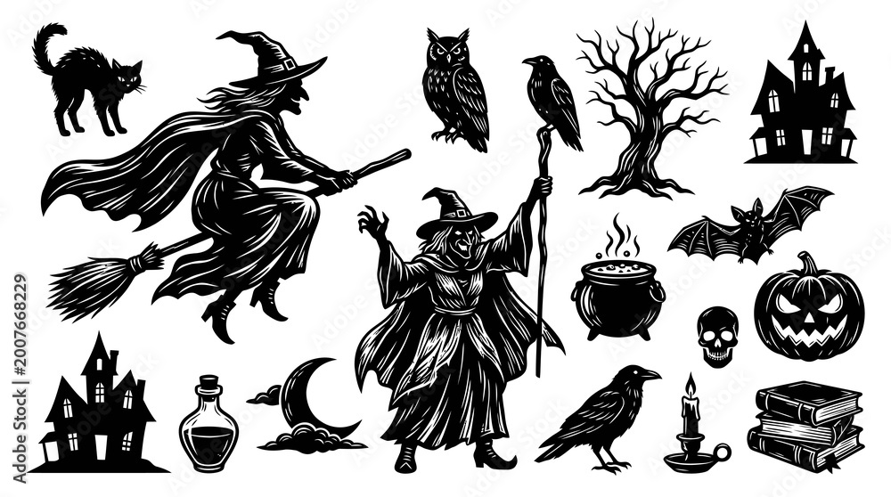 Fototapeta premium Halloween Witchcraft Spooky Elements Collection in Vintage Engraving Black White Line Art Style
