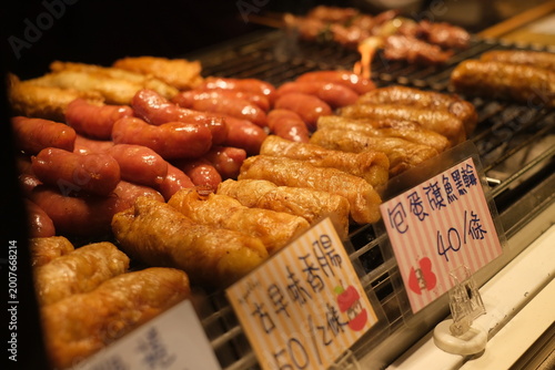 Taiwan night market, street food, sausages