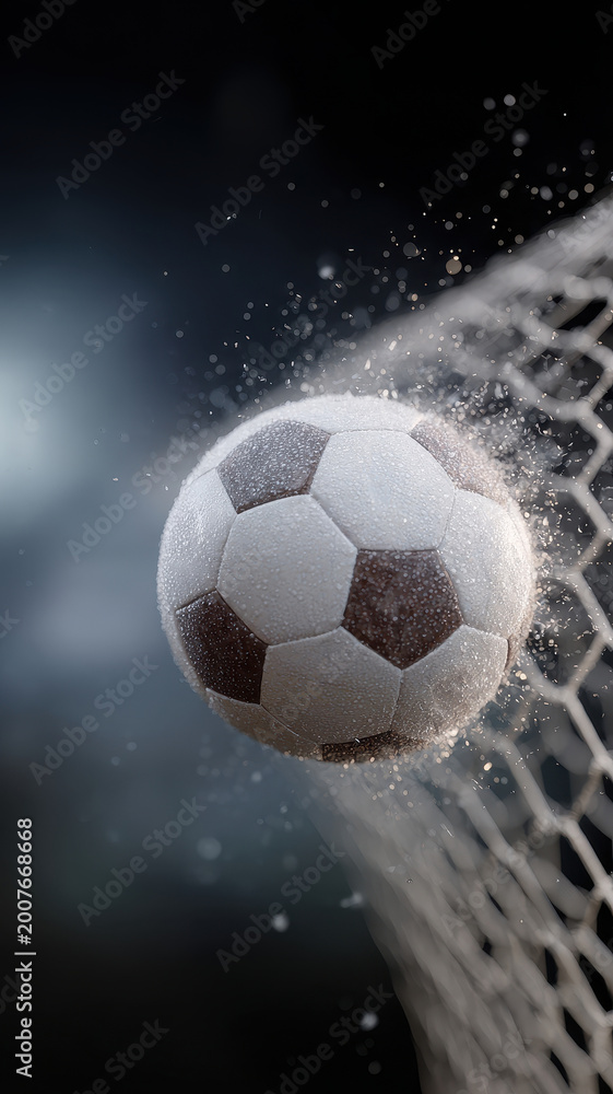 Naklejka premium Soccer ball net goal dust impact dynamic motion black white sport energy dramatic closeup competition outdoor action scoring excitement fast athletic powerful dramatic focus blur background