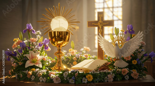 Illustration of an altar illuminated by a ray of light,  wooden crucifix depicting Jesus Christ, flowers, chalice, host, candles, doves symbolizing peace, interior church background. Corpus Christi