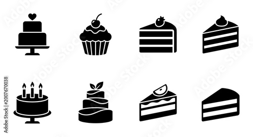Billede på lærred 8 Cake silhouette icons featuring cupcake, cherry, candles, and tiered desserts,