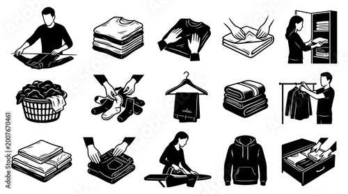 Household Laundry  Clothing Care Icons Set. Black  White Glyph Silhouettes of Folding, Ironing  Organizing.