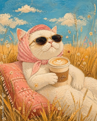 White Cat in Sunglasses with Coffee in Wheat Field Illustration