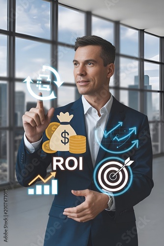 Businessman Presenting Investment Growth and Financial Strategy with Digital Profit Icons