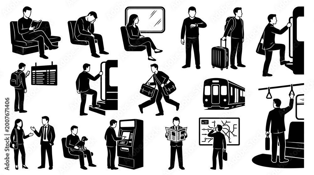 Obraz premium Public Transport Icons: People Commuting, Traveling by Train, Subway, Black White