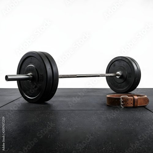 A barbell with weights lies on a gym floor next to a leather lifting belt.