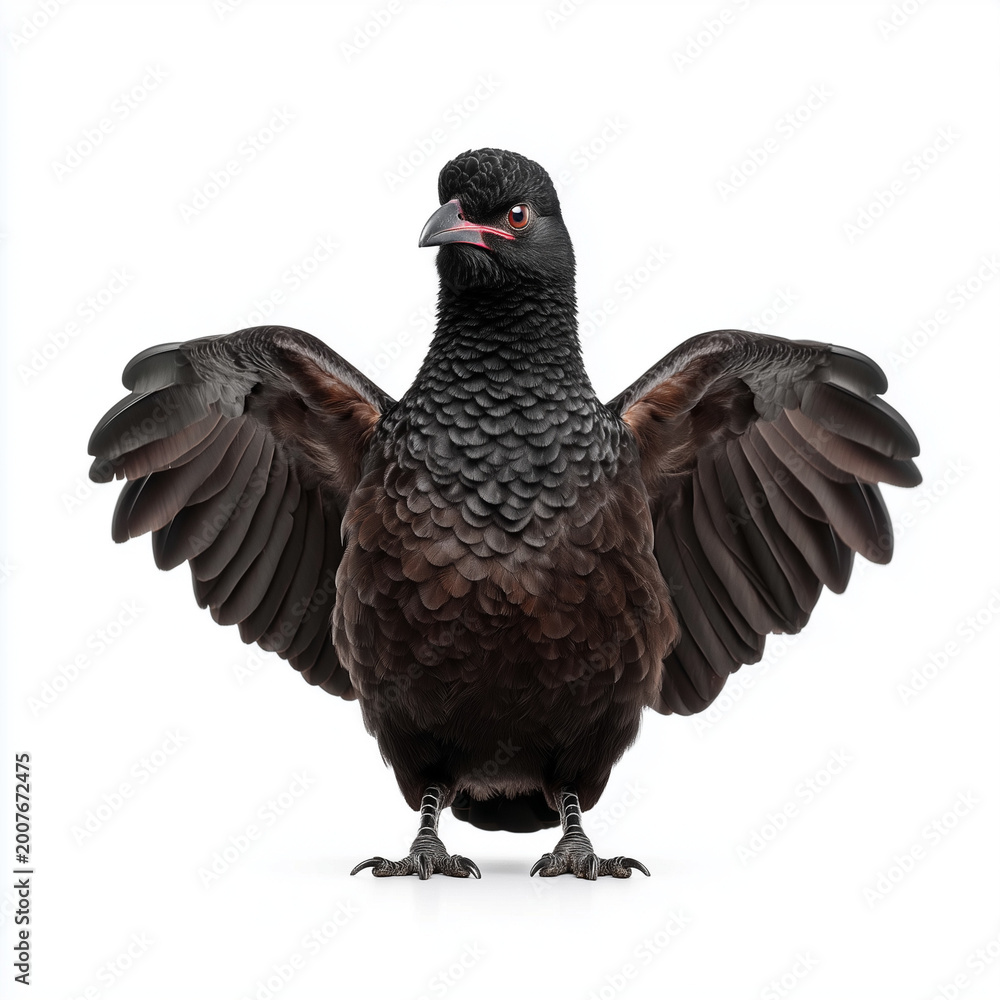 Fototapeta premium An isolated long-wattled umbrellabird. Isolated on flat white background