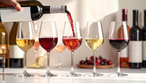 Pouring wine into glasses, variety of colors displayed