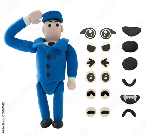 Handmade clay police officer character saluting, isolated on white background, representing respect, duty, and authority in a playful style.