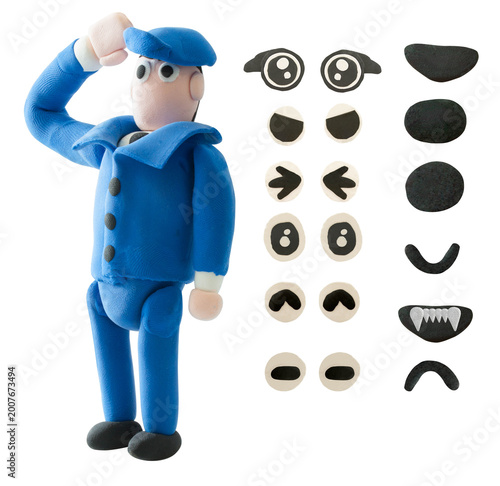 Handmade clay police officer character saluting, isolated on white background, representing respect, duty, and authority in a playful style.