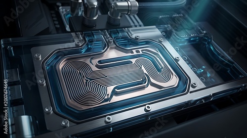 Advanced liquid cooling system for high performance computer components showcasing intricate metal pathways and blue illumination for efficient heat dissipation