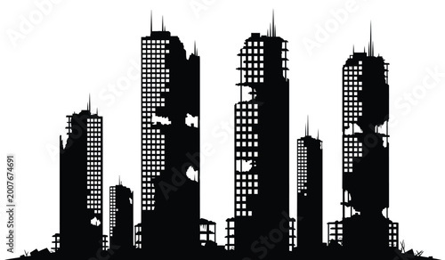 Bild auf Leinwand silhouette of a ruined city skyline with damaged skyscrapers against a white bac