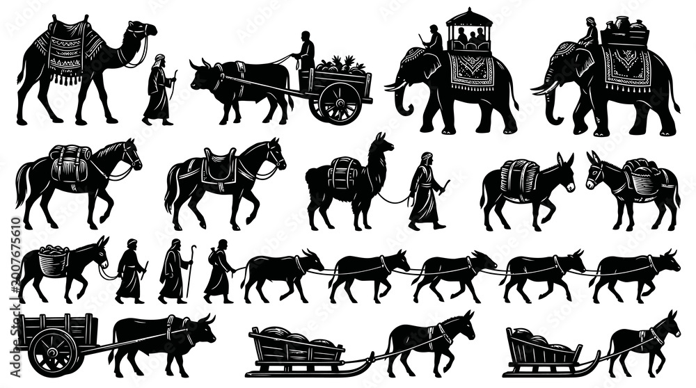 Fototapeta premium Black and White Engraving Style Icons of Traditional Animal Transport, Trade, Logistics Agriculture with People, Carts