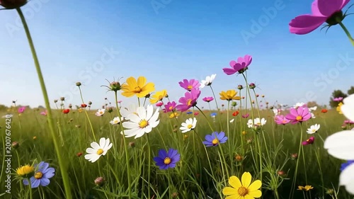 Vibrant field of colorful flowers blooming under a clear blue sky