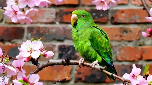 Vibrant green parrot perched on branch with blossoming flowers and brick wall