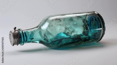 Vintage glass bottle on white surface aged teal color and metallic details