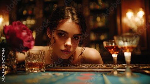 Young woman with elegant jewelry gazes intensely from behind a gaming table in a dim atmospheric lounge.