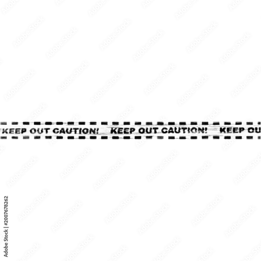 Fototapeta premium Caution tape border with “keep out” text in halftone style, isolated on white background, minimal monochrome illustration of warning, danger and restricted area concept.