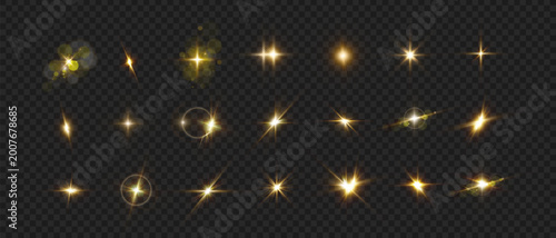 Valokuva Golden star rays flash, Golden particles glare light, Energy burst shining parti