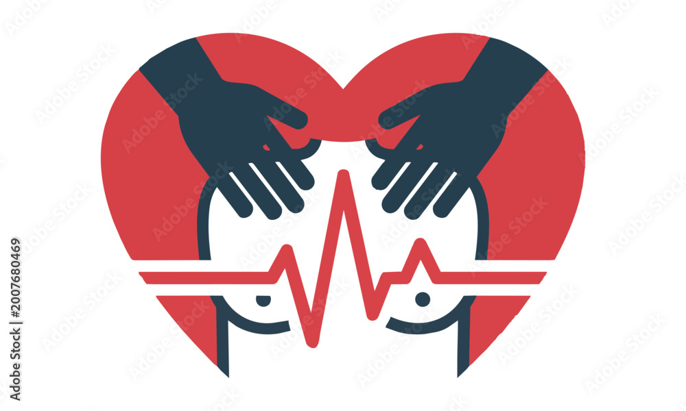 Obraz premium Red and blue heart icon featuring hands performing chest compressions and an ekg wave on a white background first aid and cpr concept