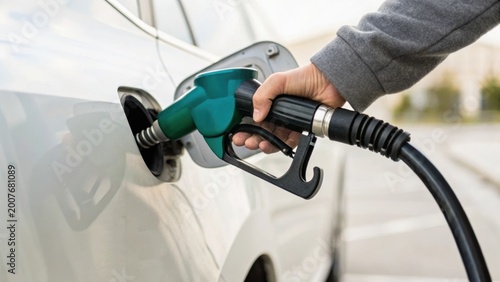 A person refueling a white car with a green fuel pump nozzle at a gas station.