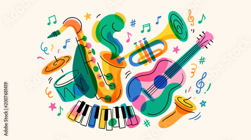 Playful abstract illustration of overlapping jazz instruments including saxophone, trumpet, guitar, and piano keys. Bright colorful shapes with musical notes create a modern artistic music concept